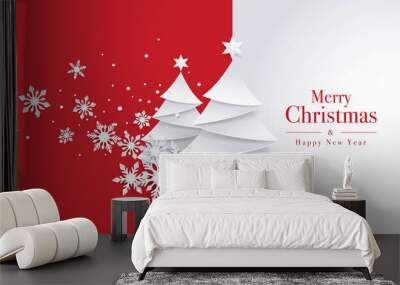 Merry Christmas Greeting card, Christmas Tree and Snowflake on Red Background. Wall mural