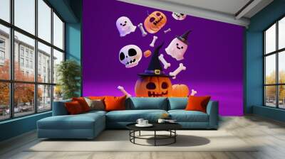 3D rendering concept of a Mobile phone with Halloween pumpkin head wearing witch hat , a cute skull and a ghost decoration on dark purple color background Wall mural