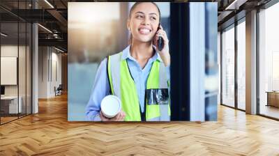 Architect, phone call and a woman with plan in office for project management. Engineer, construction or safety worker talking to investor planning building development or vision with communication Wall mural