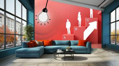 Abstract background. Light bulb and leader concept with success by arrows and steps. Red, Success, Arrow, Steps, Growth, Innovation, Progress, Development Wall mural