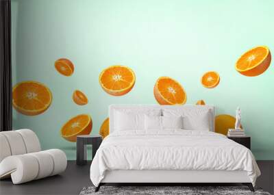 Orange fruit fresh Concept Summer - holidays on pastel Green background - 3d rendering Wall mural