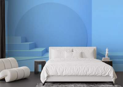 Podium Geometric composition shape minimal and Modern concept Art  pastel Blue wall scene on Blue background - 3d rendering Wall mural