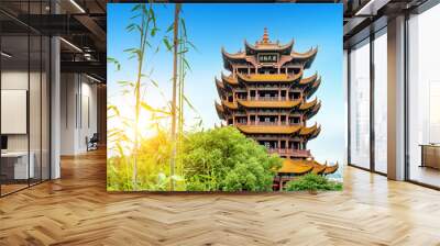 Yellow crane tower against blue sky in wuhan, China, the four Chinese characters mean 