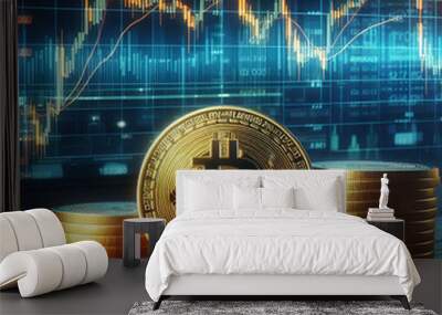 Gold coins in front of the trading chart Wall mural