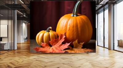 Autumn concept: fall coloured leaves and pumpkin Wall mural