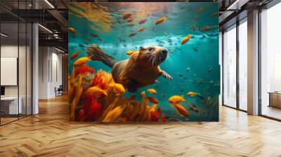 Beaver swimming underwater water together with fishes Wall mural