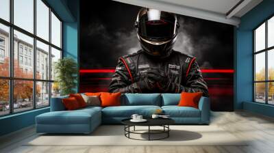 Male Racer wearing racing suit and helmet, with dark background Wall mural