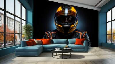 Male Racer wearing racing suit and helmet, with dark background Wall mural