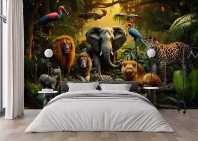 Mixed group of wild animals in the jungle Wall mural