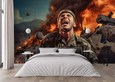 Modern soldier, in tattered camouflage uniform, screaming in agony at the sky Wall mural