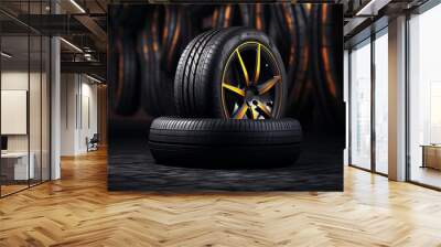 New car tires, with dark background Wall mural