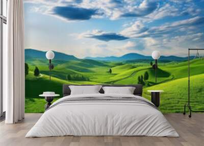 Panoramic spring landscape - picturesque winding path through a green grass field in hilly landscape with blue sky Wall mural