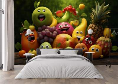 Various happy and smiling fruit cartoon characters Wall mural