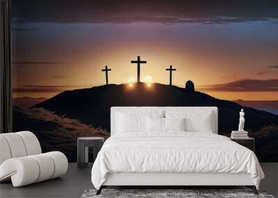 Resurrection, Glowing Cross among the Clouds, Risen Jesus, Ascension to Heaven, Cross, Jesus, Clouds, Sky, Cloudy Sky, Cross in the Sky, Jesus in the Clouds Wall mural