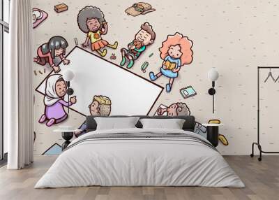 Group of children doing homework on the floor - blank poster horizontal Wall mural