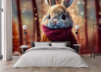 Cute little 3D rabbit in the nature whearing clothes Wall mural