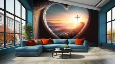 Une image frappante et évocatrice de la croix de Jésus, qui se dresse au loin, baignée dans la lumière rayonnante du soleil. Wall mural