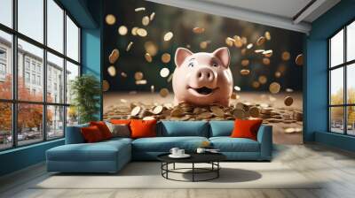 Coins falling from the sky nest to a piggy bank Wall mural