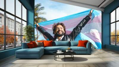 happy man with transgender flag Wall mural