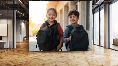 Dos niños caminando contentos a la escuela en una mañana despejada. Wall mural