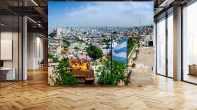 Panoramic photo of Guayaquil, Ecuador, South America, with flag and church from the mirador. Selective focus. Wall mural