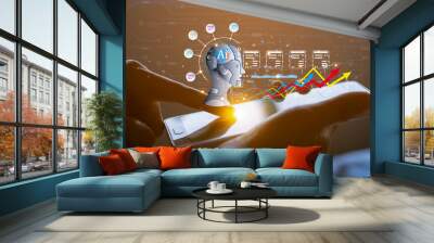 Human hand holding smart phone  and using mobile smart phone. Business global internet connection application technology with AI generate data Wall mural