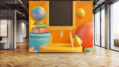 3D Rendering back to school interior study room for children cute icon cartoon style. 3D Render illustration. AI generated illustration Wall mural