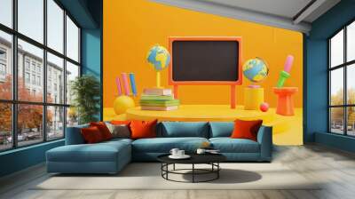 3D Rendering back to school interior study room for children cute icon cartoon style. 3D Render illustration. AI generated illustration Wall mural