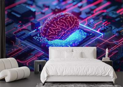 3d rendering of human brain on technology background represent artificial intelligence and cyber space concept. AI generated illustration Wall mural