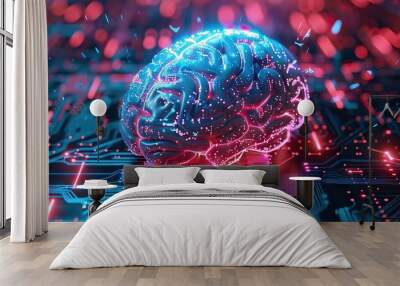 3d rendering of human brain on technology background represent artificial intelligence and cyber space concept. AI generated illustration Wall mural