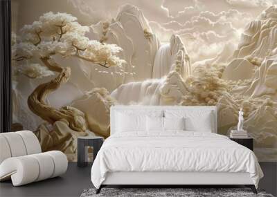 Beautiful landscapes 3d relief wallpaper. Mural wallpaper. Wall art. AI generated illustration Wall mural