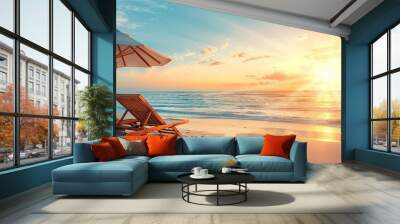 Beautiful tropical beach banner. Calm white sand and coco palms travel tourism wide panorama background concept. AI generated illustration Wall mural