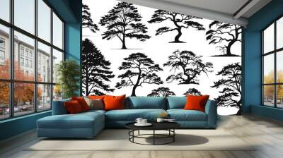 Collection of tree, leaf and roots, with silhouette style, the icons of black. Wall mural