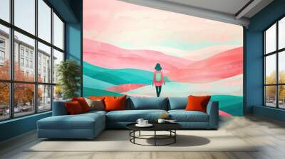 flat illustration of a woman walking on a path in pastel pink and teal colors, with a background of rolling hills. AI generated illustration Wall mural