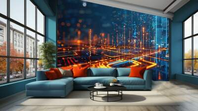 Futuristic city, skyscraper, with wavelengths, abstract color lines, night scene, bright ambience, intricate lights, smart city concept. Digital illustration, mixed media. AI generated illustration Wall mural