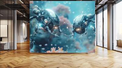 Glowing vivid transparent underwater jellyfishes. AI generated illustration Wall mural