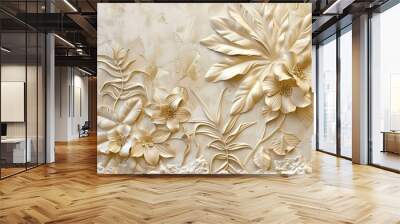 Gold floral plants and palm leaves Wallpaper Mural, 3d illustration, grey background, abstract tropical leaves, banana leaves with 3d lines. AI generated illustration Wall mural