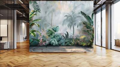 Illustration of a tropical wallpaper pattern with watercolor texture, palm leaves, and banana leaves. a background with texture and tropical vegetation. AI generated illustration Wall mural