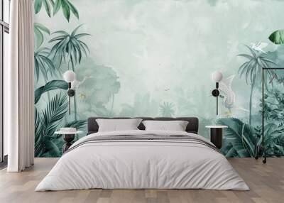 Illustration of tropical wallpaper print design with palm leaves, monstera leaves, birds and texture. Exotic plants and birds on textured background. AI generated illustration Wall mural