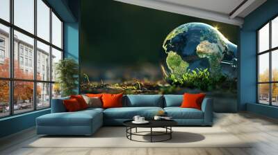 Light bulb with green world map on natural backgound represents renewable energy.Green energy,energy saving concept. AI generated illustration Wall mural