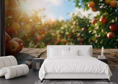 lychee fruit hanging on tree with wooden table and sunset at organic farm. AI generated illustration Wall mural