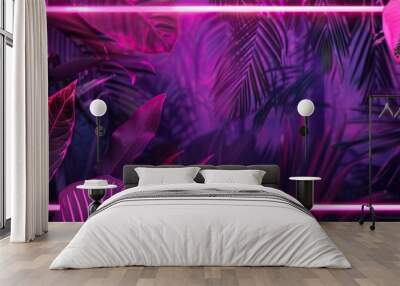 Palm neon leaves poster, tropic vibrant purple design illustration, jungle summer disco party frame, bright glow floral tropical template. AI generated illustration Wall mural