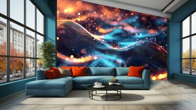 Technology digital wave background concept.Beautiful motion waving dots texture with glowing defocused particles. Cyber or technology background. AI generated illustration Wall mural