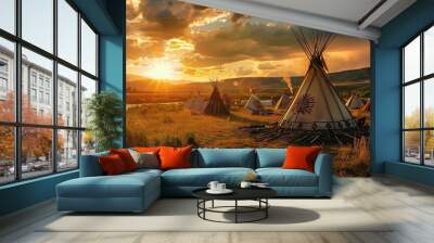 tipis at sunset in the prairie. AI generated illustration Wall mural