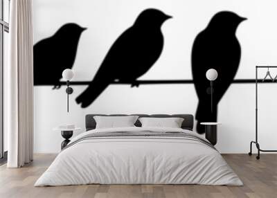 Vector silhouettes of birds. Doves on wires. Shadows of seated and flying birds. AI generated illustration. Wall mural