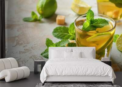 A glass on the table holds a refreshing mint tea decorated with fresh leaves lime and sugar cubes creating a beautiful arrangement with copy space image Wall mural