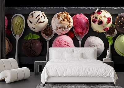 A variety of mouth watering homemade ice cream flavors such as pistachio green berry pink chocolate and white vanilla are beautifully presented on a black table The ice cream balls come with a spoon Wall mural