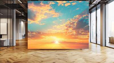 Apicture depicting a stunning sunset landscape the sky is a vibrant mix of bright blue and radiant yellow orange sunlight creating a nature inspired background with a texture suitable for design like Wall mural