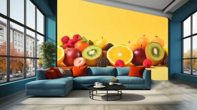 Balanced lifestyle concept with healthy food and exercise on a pastel background Copy space image Place for adding text or design Wall mural