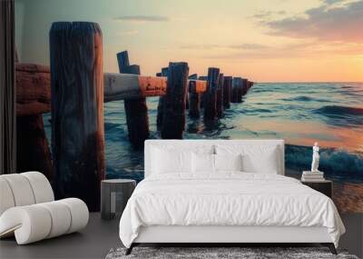 beautiful sunset at the wooden jetty at the beach. Copy space image. Place for adding text or design Wall mural